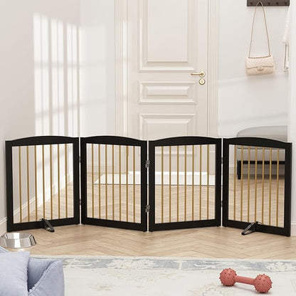 PUPETPO Freestanding Pet Gate for Dogs, Foldable Wooden Dog Gate for House, Indoor Dog Gate for Stairs, Doorways, Step Over Pet Puppy Safety Fence, 80 Inch Wide, 4 Panels 24", Black & Gold