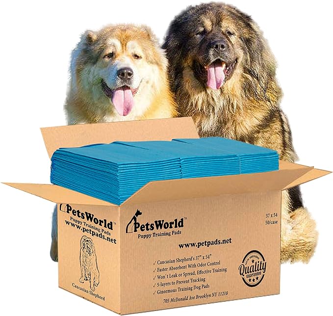 PetsWorld Enormous Dog Pee Pads 37"x54" 50 Count – XXXL Pet Pee Pads for Giant Dogs & Pets, Heavy Duty Leak-Proof Dog Training Pads, Super Absorbent Quick-Dry Potty Pads with Adhesive Tabs