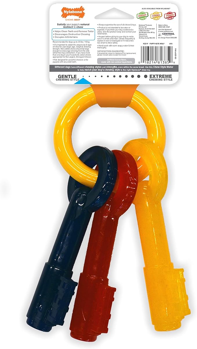 Nylabone Puppy Chew Key Ring Toy, Toys for Teething Puppies, Multi Color, Bacon Flavor, Medium - Up to 35 lbs, 1 Count