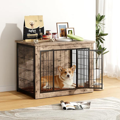 Greesum Modern Dog Crate Furniture That Doubles as a Side Table - Sturdy Wooden Kennel with Double Door Design, Equipped with Soft Cushion & Chew-Resistant Resign, Suitable for Dogs