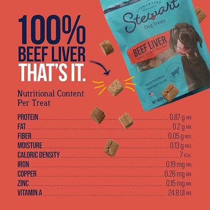 Stewart 100% Beef Liver Dog Treats, 3.5 oz Pouch, ~75 Pieces, Freeze Dried Raw, Single Ingredient, 50% Protein Training Treats or Meal Topper, Grain Free, Gluten Free