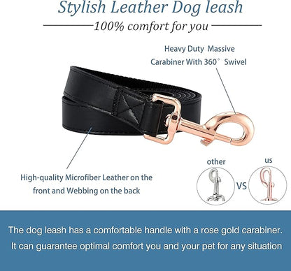 Dog Collar and Leash Set.Soft and Easy to Clean Vegan Leather with Rose Gold Metal Buckle for Small Medium Large Dogs (Black, M(13.8"-19.7"))