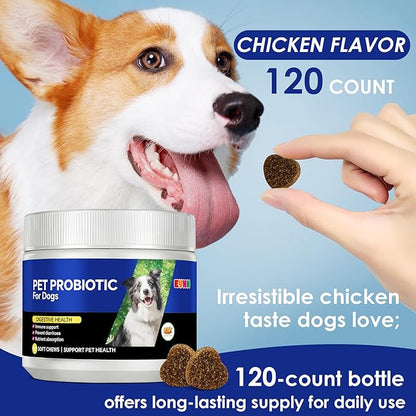 Probiotics for Dogs with Digestive Enzymes & Prebiotics - Diarrhoea Relief, Gut Health Support, Immune & Anti-Itch Function, Chicken Flavor, 120 Chews