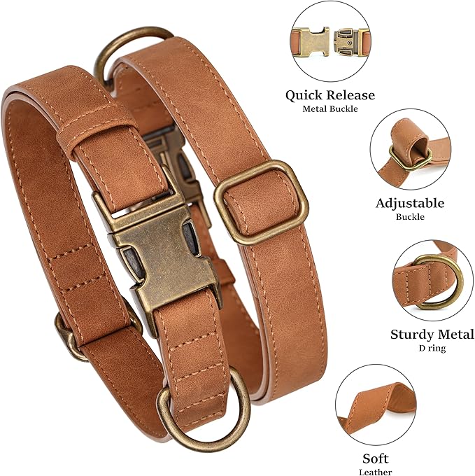 Didog Soft PU Leather Dog Collar, Stylish Quick Released Dog Collars for Medium Dogs, Easy Clean Adjustable Pet Collar for Daily Walking, Light Brown, M Fit 14-18" Neck