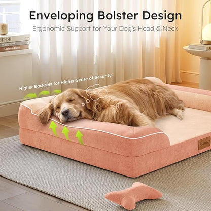 Jumbo Dog Bed for Extra Large Dogs, Orthopedic Dog Bed with Cooling Gel Memory Foam, Waterproof Pet Bed with Removable Washable Cover, 45" Pet Sofa Couch Dutch Velvet with Bone Toy, Peach Pink