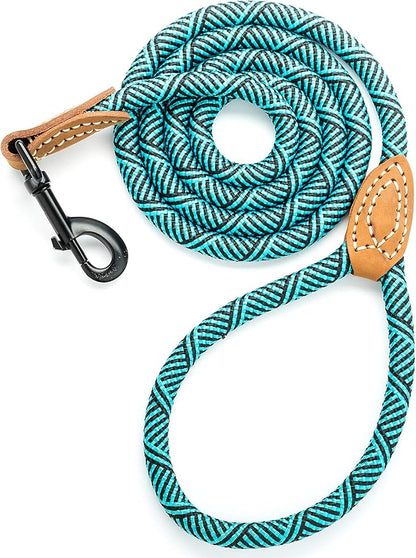 Mile High Life Rope Leash with Genuine Leather Connection, 6 FT/5 FT/4 FT, Heavy Duty Leash for Medium & Large Dogs (Turquoise Green, 48 Inch)
