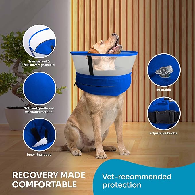 Dog Inflatable Neck Collar - Inflatable E Collar for Dogs - Comfortable Elizabethan Cone with Detachable Anti-Licking Shield - Dog Donut Cone - Doughnut for Dogs After Surgery (Blue, M)