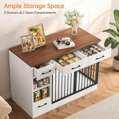 OtterOasis Large Dog Crate Furniture, 47.2'' Dog Kennel Indoor with 3 Storage Drawers and Hidden Feeding Bowl, Sturdy Wooden Dog Crate with 2 Doors and Adjustable Shelf for Small, Medium Dogs