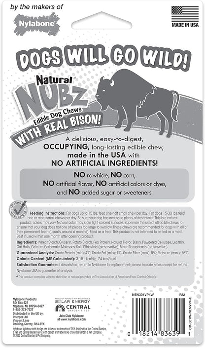 Nylabone Nubz Wild Natural Edible Chew Treats for Dogs, Made in USA, Bison Flavor, Small - Up to 25 lbs. (4 Count) (Pack of 2)
