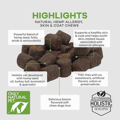 Only Natural Pet Allergy, Skin & Coat Hemp Soft Chews - Allergy Immune Bites for Dogs, Omega 3 Supplement, Calming Treats for Itchy Skin Relief, Hot Spot - (120 Count) (Al.)