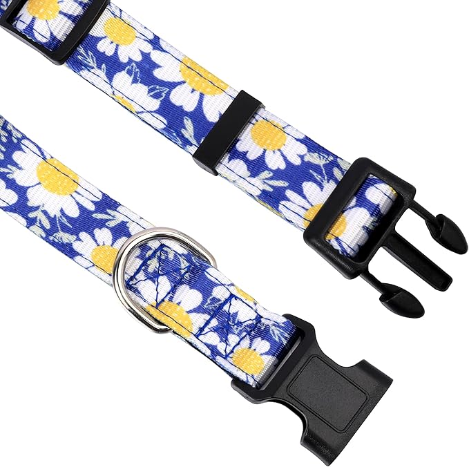 Reflective Dog Collar, Adjustable Soft Neoprene Padded Nylon Pet Collars with Buckle for Puppy and Small Dogs, Cats, Small Daisies Blue,XL
