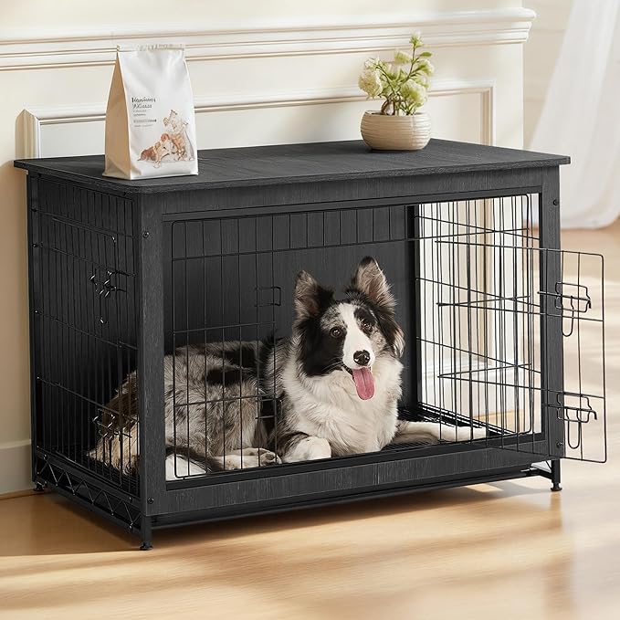 Feandrea 38.6" Dog Crate Furniture, Indoor Dog Cage Side End Table, XL Pet Wood Kennel for Large and Medium Dogs up to 70 lb with Multi-Purpose Removable Tray, Double-Door Pet House, Ink Black