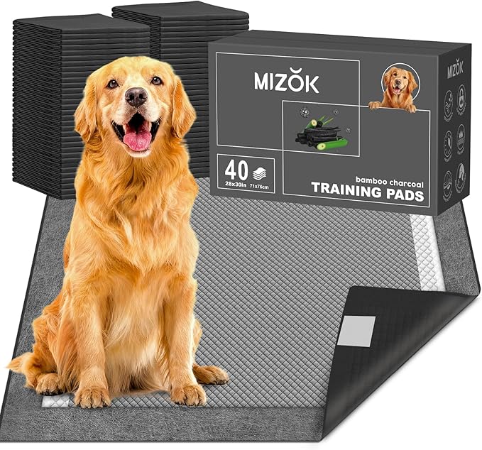 MIZOK Pee Pads for Dogs Charcoal, 28"x30" Large Wee Wee Pads for Dogs, Superior Odor Protection, Super Absorbent & Leak-Proof, Puppy Pads with Adhesive Tabs, Thick & Heavy (40 Counts)