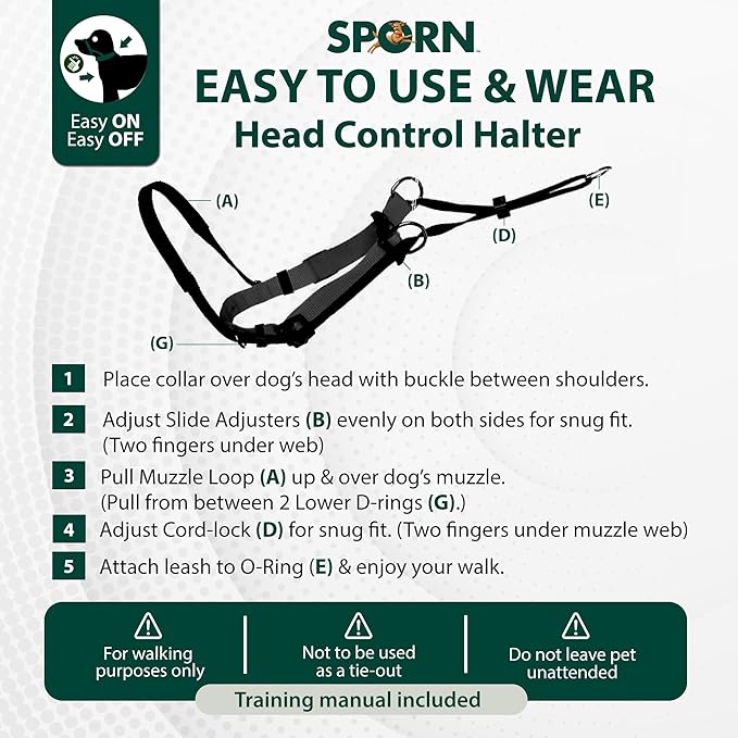 Sporn Head Halter for Dogs, No Pull Dog Harness, Durable Nylon Training Collar for Medium Breeds, No Choke Design, Padded Restraints, Adjustable Fit, Easy On/Off, Black, Medium