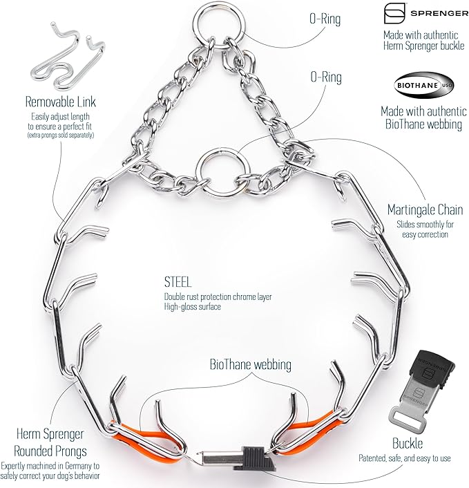 Herm Sprenger Chrome Plated Steel Dog Collar with Quick Release ClicLock Buckle O-Ring Biothane Insert Training Collar Made in Germany (Hunter Orange, 25in x 4.0mm(Neck Size up to21-22in))
