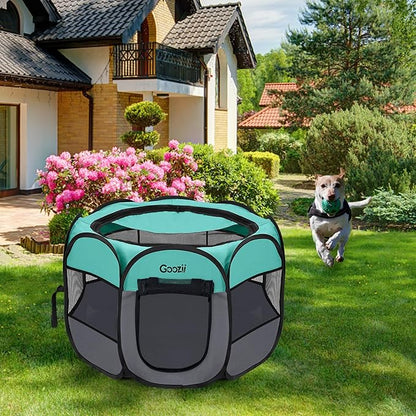 Goozii Pet Cat Playpen for Indoor Cats Enclosed, Puppy Dog Play Pen for Outdoor Travel Camping (Small Size, Green & Dark Grey)