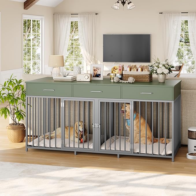 HOSTACK Double Dog Crates Furniture, 71" Wide Indoor Dog Kennel with 3 Drawers, Farmhouse Dog Cage for 2 Large/Medium Dogs, Heavy Duty Dog Crate with Removable Room Divider, Wooden Pet House, Green