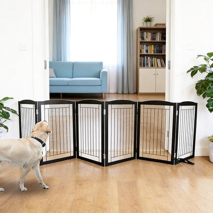 ZJSF Freestanding Dog Fence Indoor, Foldable Dog Gate for Doorways, Stairs or Hallways, Sturdy Wood Extra Wide Pet Gate with Support Feet for The House, Black, 32 "Height-6 Panels