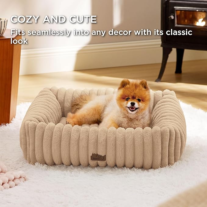 Bedsure ComfyFleece™ Washable Dog Bed for Medium Dogs - Cute Furry Puppy Beds, Rectangle Orthopedic Corduroy Fleece Pet Beds with Removable Zipper Cover, 30x24x8inches, Sandy Beige