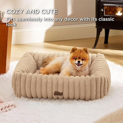 Bedsure ComfyFleece™ Washable Dog Bed for Medium Dogs - Cute Furry Puppy Beds, Rectangle Orthopedic Corduroy Fleece Pet Beds with Removable Zipper Cover, 30x24x8inches, Sandy Beige