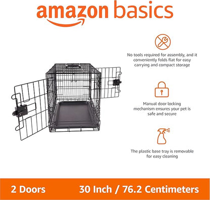 Amazon Basics Portable, Foldable Metal Wire Dog Crate with Removable Tray, Double Door, Divider Panel, Easy to Assemble, 30 x 19 x 21 in, Black