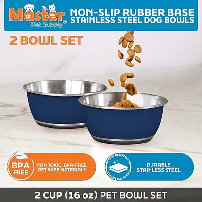 Master Pet Supply Stainless Steel Dog Bowls Set of 2 (16 Oz Each) with Non-Slip Rubber Base - Navy Blue - Basic Dog Food Bowl Water & Food Bowls for Small Medium Large Dogs & Cats, Metal Dish
