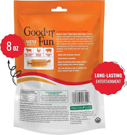 GOOD 'N' FUN Triple Flavor Mini Rolls, 8 Ounce, Treat Your Small Dog to a Long-Lasting Rawhide Chews