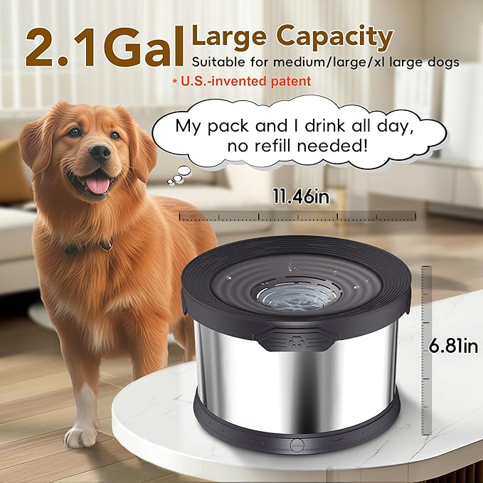 UPSKY Dog Water Bowl No Spill 8L Stainless Steel, 2.1 Gallon Large Capacity Spill-Proof Dog Bowls, Non-Slip Slow Drinking Anti-Splash Bowl for Large Messy Drinkers, No Mess Indoor/Outdoor Use, Black