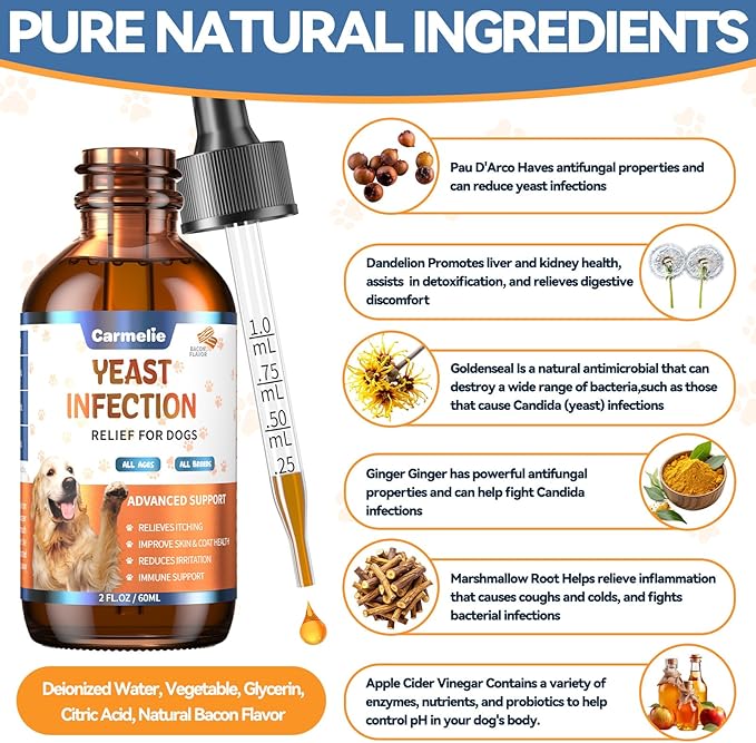 2PCS Yeast Infection Treatment for Dogs, Carmelie Support Healthy Itch Relief, Ear Paw Discomfort Care, Itch Relief for Dog, Allergy Supports, Inflammation Relief for Dogs, Bacon Flavor 60ml