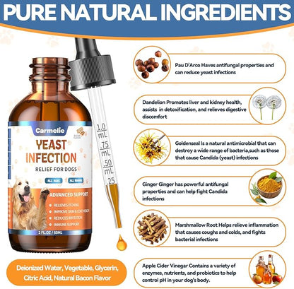 2PCS Yeast Infection Treatment for Dogs, Carmelie Support Healthy Itch Relief, Ear Paw Discomfort Care, Itch Relief for Dog, Allergy Supports, Inflammation Relief for Dogs, Bacon Flavor 60ml
