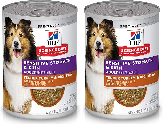 Hill's Science Diet Sensitive Stomach & Skin,Adult 1-6,Stomach & Skin Sensitivity Support,Wet Dog Food,Turkey-& Rice Stew,12.5 oz Can,(Pack of 24)