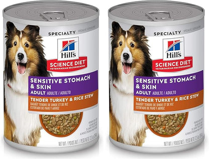 Hill's Science Diet Sensitive Stomach & Skin,Adult 1-6,Stomach & Skin Sensitivity Support,Wet Dog Food,Turkey-& Rice Stew,12.5 oz Can,(Pack of 24)