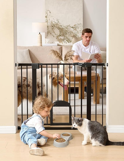 Babelio Upgraded Baby Gate with Cat Door, Auto Close Durable Dog Gate for Stairs, Doorways and House, Easy Walk Thru Safety Gate with Pet Door Includes 4 Wall Cups, 29-48" Wide, 30" Tall, Black