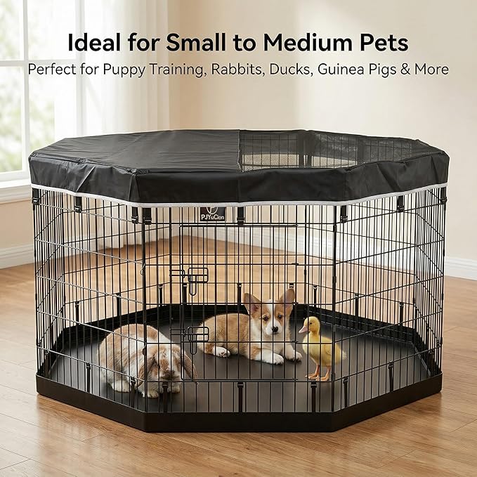 PJYuCien Dog Playpen with Top Cover and Bottom Pad - Metal Foldable Exercise Pen, 8 Panels 36" H x 24" W Indoor Outdoor Pet Fence Puppy Crate Kennel, Black