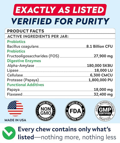 STRELLALAB Dog Probiotics Chews for Gut Support & Digestive Health with Enzymes - Anti Diarrhea and Upset Stomach Immune Supplement - Digestion Treats with Fiber and Prebiotics (180Ct, Chicken)