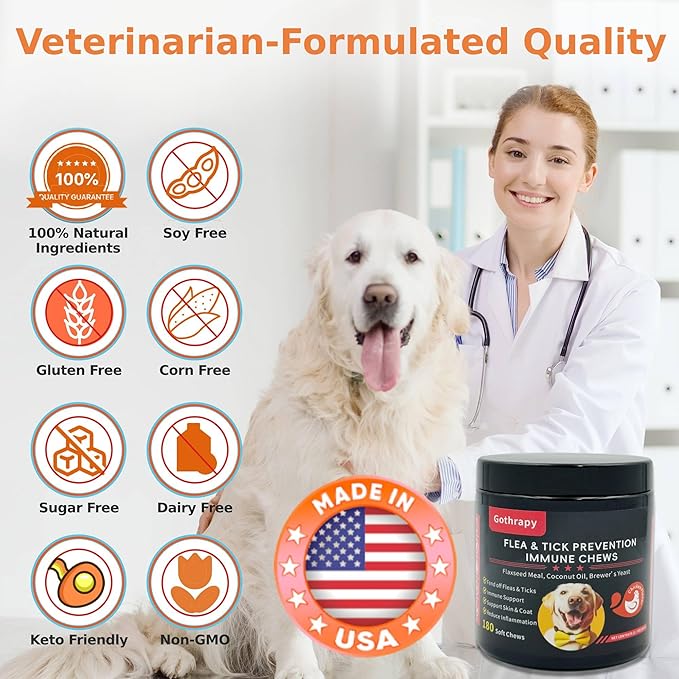 Flea and Tick Prevention for Dogs - 180 Vet-Approved Natural Soft Chewables Treatment | US-Formulas Oral Supplement for Puppy, Adult & Senior | All Breeds Sizes - Chicken Flavor