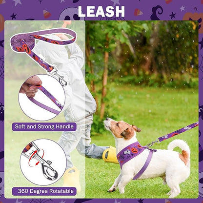 SCENEREAL Halloween Small Dog Harness Collar and Leash Set, Adjustable No Pull Pet Harnesses, No Chock Soft Mesh Vest Costume for Doggie Puppy Dogs Cats Girl Boy Outdoor Walking