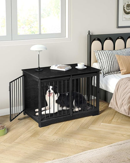Hzuaneri 39.3" Dog Crate Furniture with Barn Door, Heavy Duty Dog Kennel Indoor with 2 Doors, Wooden Pet Cage End Table for Large Small Medium Dogs, Anti-Chew Anti-Escape, Black DFC02304B
