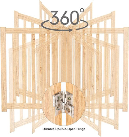 LZRS 2-Panel Wooden Free Standing Foldable Dog Gate Indoor – Solid Hardwood 24" High, Step-Over Safety Pet Gate for Doorways, Stairs & Small Spaces - Indoor Use, Natural