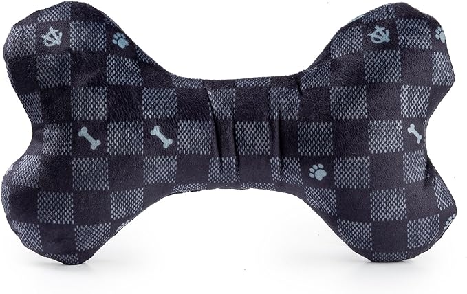 Haute Diggity Dog Chewy Vuiton Bone Plush Squeaky Dog Toy, Soft Durable Designer-Inspired Stuffed Puppy Chew Toys for Small, Medium & Large Dogs, Machine-Washable (Black Checker) XL