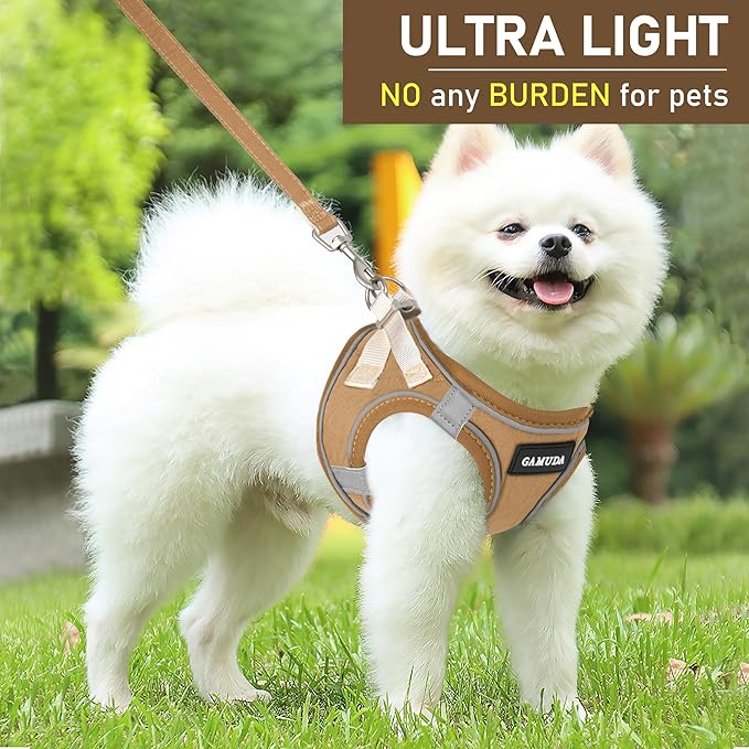 GAMUDA Small Pet Harness Collar and Leash Set, Step in No Chock No Pull Linen Fabric Soft Mesh Dog Vest Harnesses Reflective for Dogs Puppy Cats Kitten Rabbit (Brown, XL)