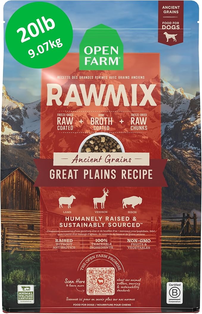 Open Farm, RawMix Ancient Grains Dry Dog Food, Protein-Packed Kibble Coated in Bone Broth with Freeze Dried Raw Chunks, Lamb Venison Bison, Great Plains Recipe, 20lb Bag