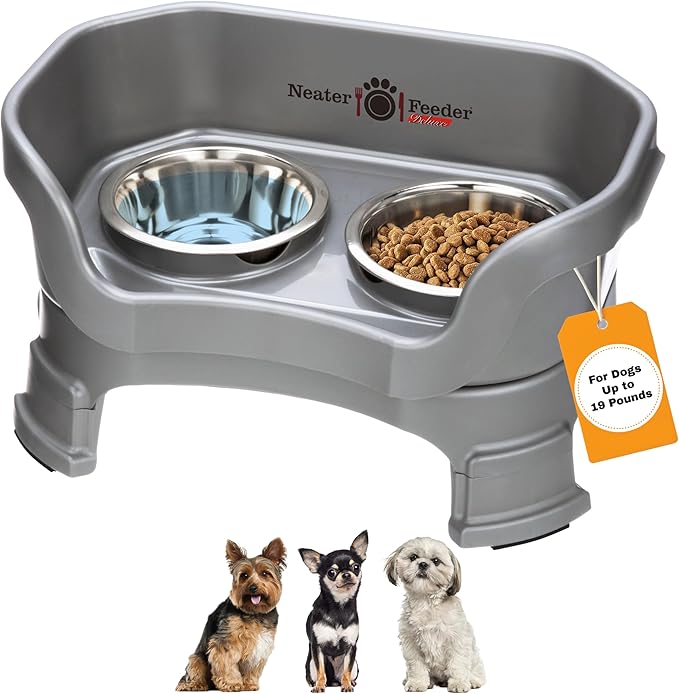 Neater Feeder Deluxe Mess-Proof Elevated Dog Bowls for Small Dogs (Up to 19 lbs), 2 Height Adjustable (6” & 7.5”) No-Spill Raised Dog Bowl Stand, Stainless Steel Food Bowl Set, Made in USA, Grey