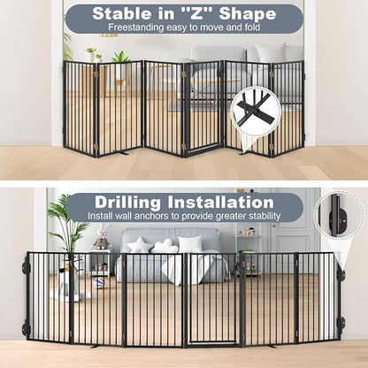 Metal Freestanding Dog Gates with Door for Outdoor Indoor,120'' Extra Wide 24'' Tall Free Standing Dog Gate for Doorways,Large Openings,Deck,Yard,Porch,Foldable Safety Pet Fence(Black,6 Panels)
