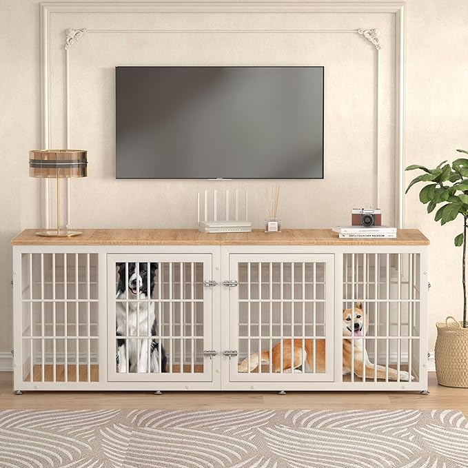 rehomerance 78 Inch Double Dog Crate Furniture, Heavy Duty Extra Large Cage Furniture with Divider for 2 Dogs, Decorative Wooden Kennel Indoor, Pet House for Large and Medium Dogs, White