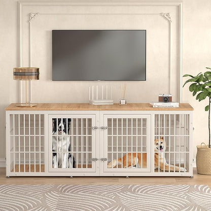 rehomerance 78 Inch Double Dog Crate Furniture, Heavy Duty Extra Large Cage Furniture with Divider for 2 Dogs, Decorative Wooden Kennel Indoor, Pet House for Large and Medium Dogs, White