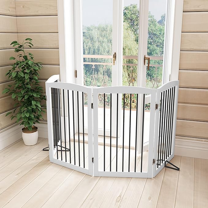 PUPETPO Freestanding Pet Gate for Dogs, Indoor Wooden Dog Gate for House, Foldable Dog Gate for Doorway, Stair, Gates for Dogs Indoor, 80 Inch Wide, 4 Panels 32", White