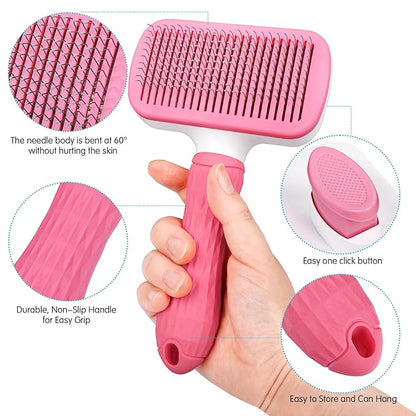 Dog & Cat Brush Kit 2PCS, Self Cleaning Slicker Brush for Pets, Upgraded Dog Brush for Shedding Massaging and Grooming, Removes Loose Undercoat & Portable Comb for Long Short Haired Dogs(Pink)