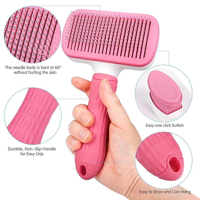 Dog & Cat Brush Kit 2PCS, Self Cleaning Slicker Brush for Pets, Dog Brush for Shedding Massaging and Grooming, Removes Loose Undercoat & Portable Comb for Long Short Haired Dogs(Pink)
