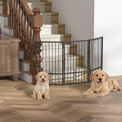 SNUOWU Full Metal Freestanding Dog Gate with Door, 32''Height Foldable Pet Dog Fence for Indoor & Outdoor, 3 Panels Extra Wide Free Standing TallDog Gates for Doorways,House,Stairs,Porch,Deck,Yard